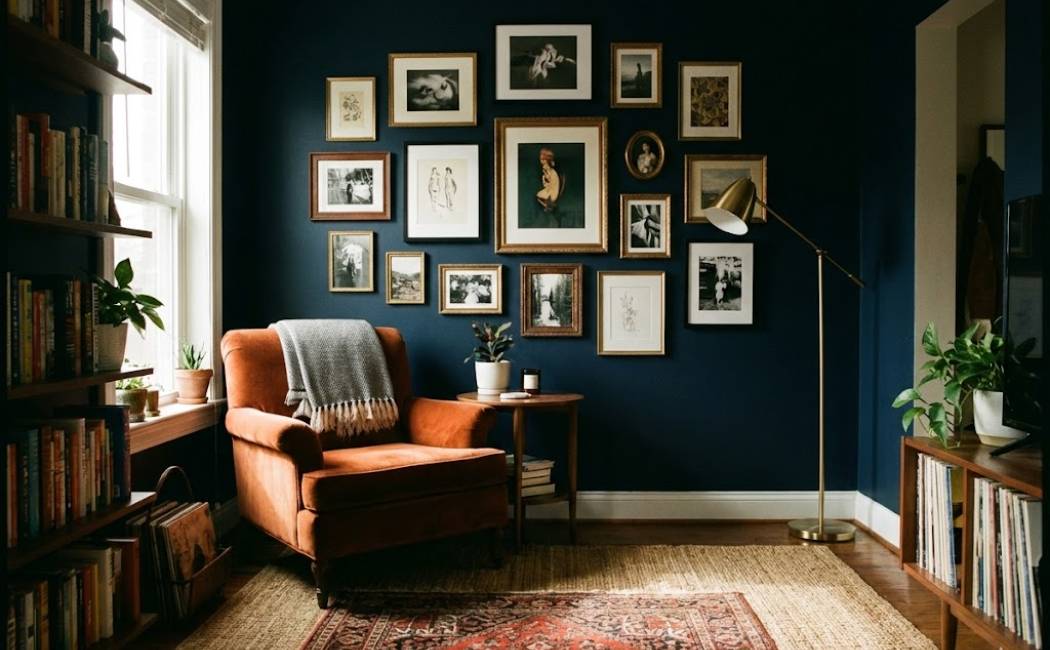 Living room with deep navy accent wall and a burnt-orange velvet armchair.