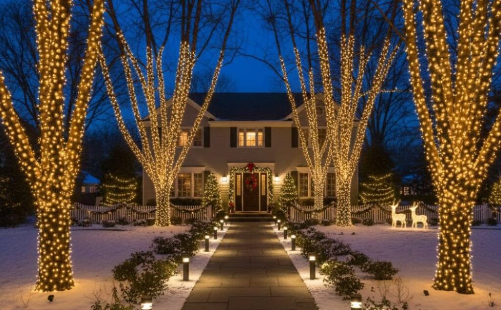 Rustic Christmas décor with pine branches and warm white lights.