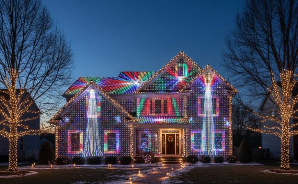 Solar-powered and wireless Christmas lights displayed outdoors.