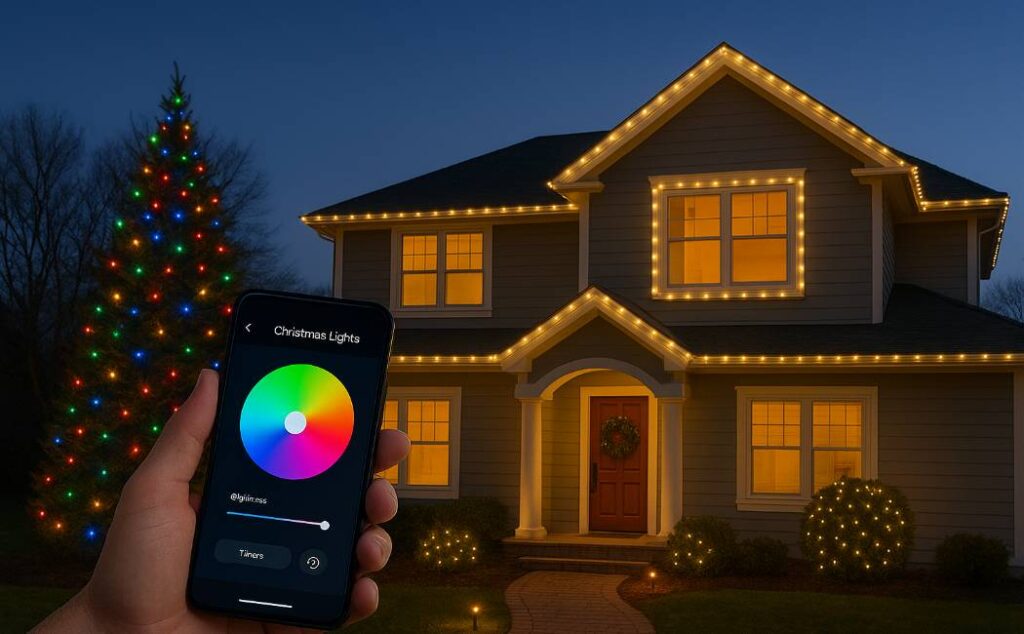 Hand holding smartphone controlling RGB Christmas lights on a modern home exterior.
