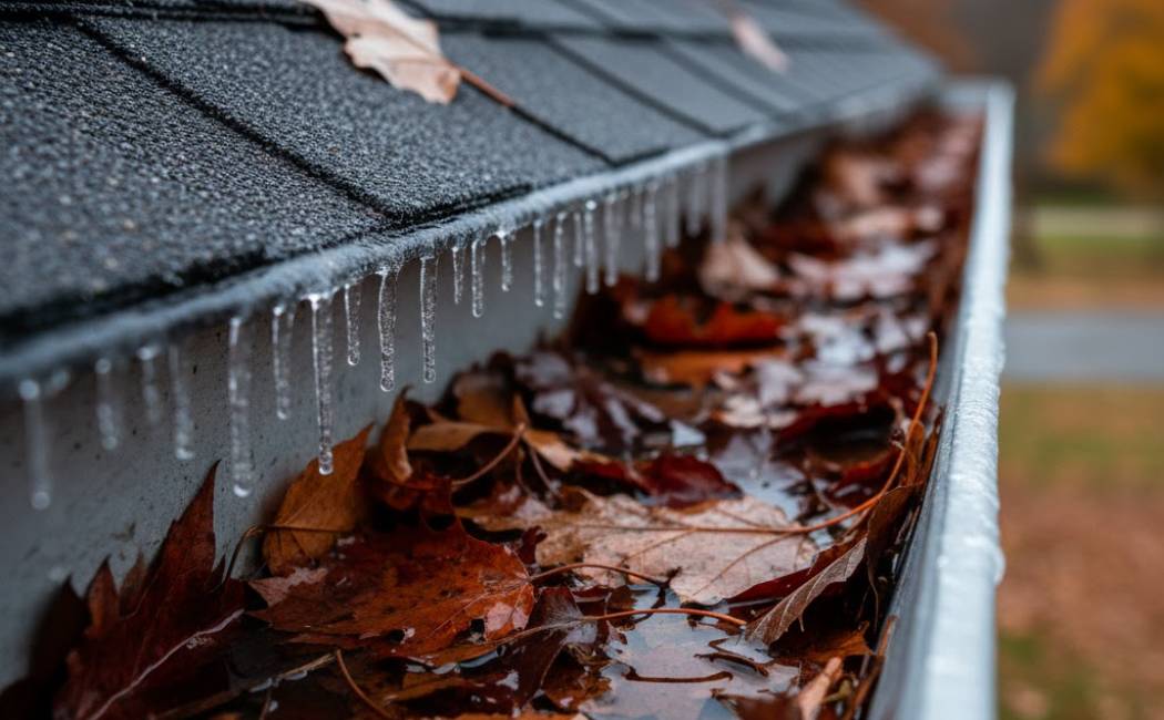 Close-up of leaf-filled gutter with early ice forming on the edge.
