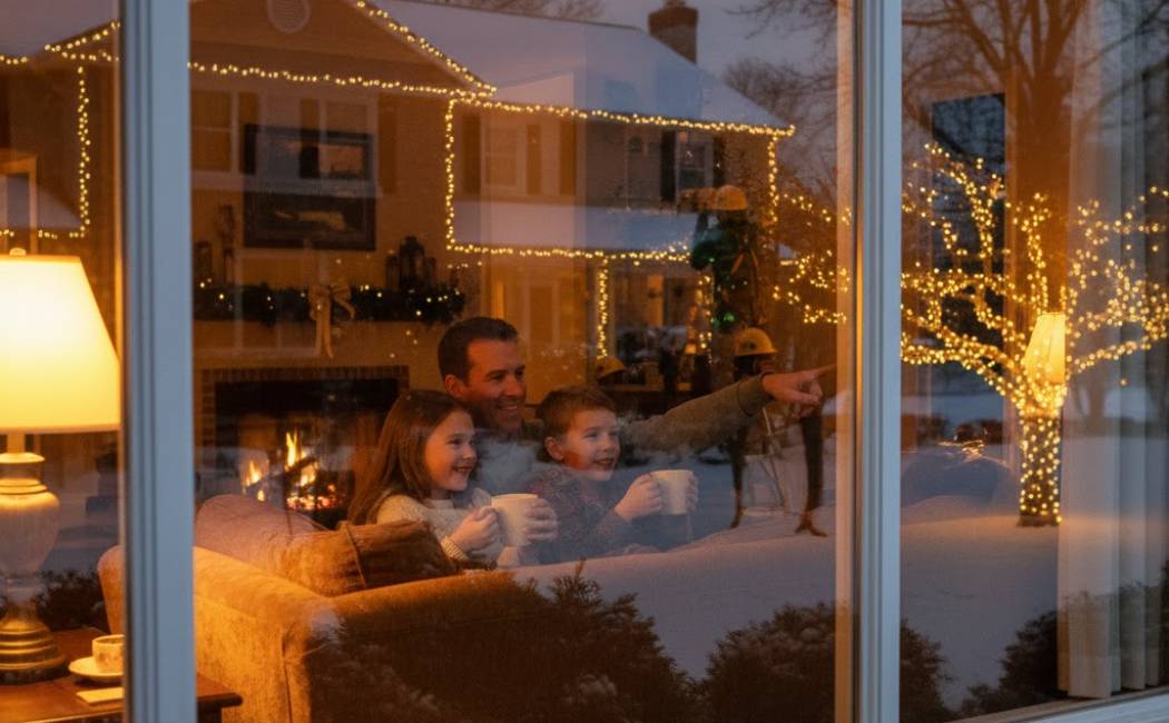 Family relaxing inside as pros install holiday lights outside.