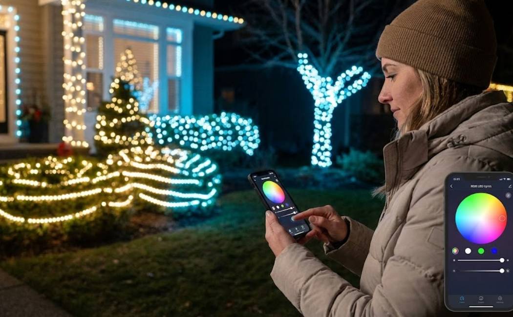 Smartphone controlling RGB Christmas lights on home exterior