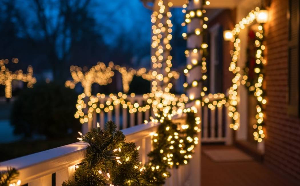 Warm Christmas lights on colonial NJ home at twilight