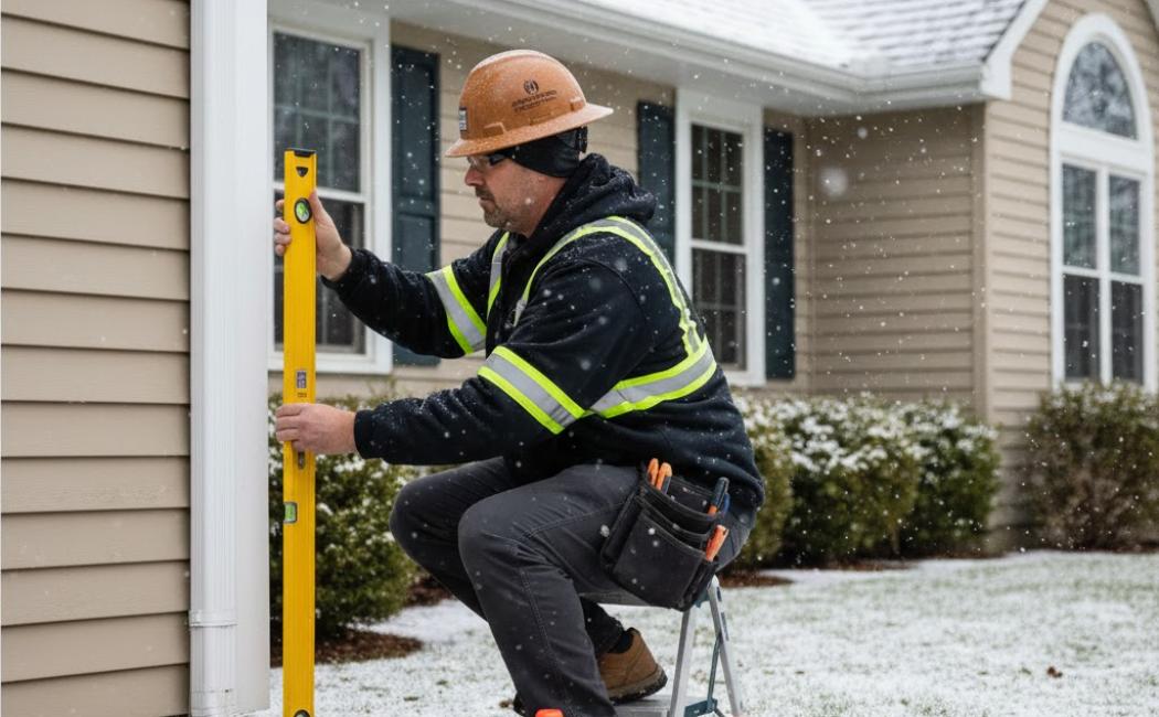 Technician inspecting gutter slope and drainage during winter prep