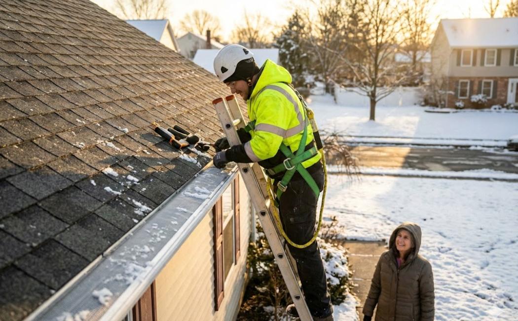 A professional installing a gutter guard on a New Jersey home before winter