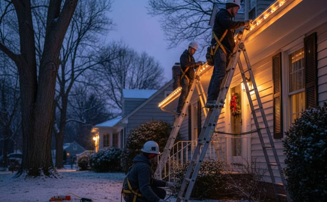 Professional crew installing roofline Christmas lights at dusk.