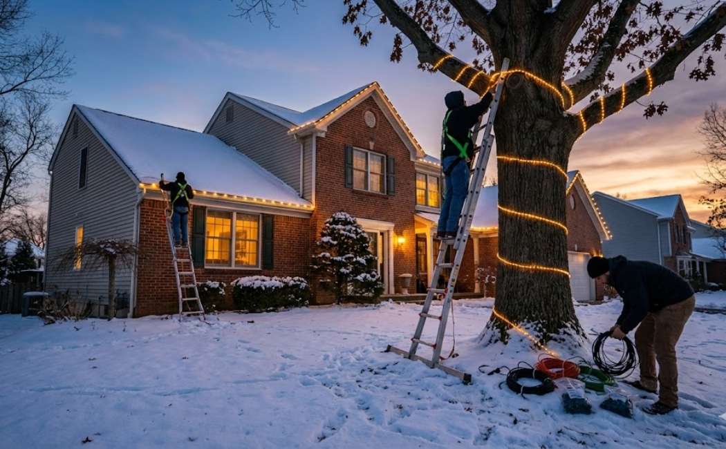 Our Professional team is installing warm LED Christmas lights on a New Jersey home at dusk.