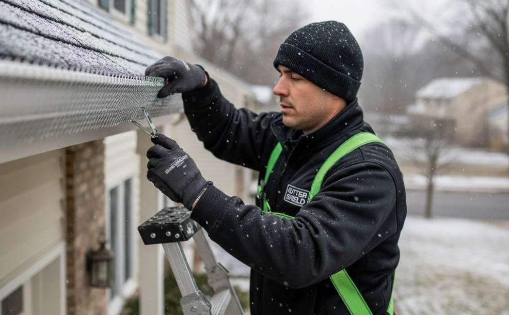 Contractor installing micro-mesh gutter guard on New Jersey home