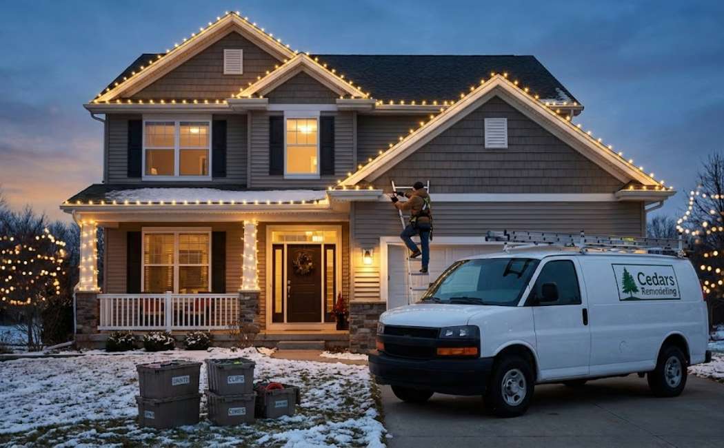 Suburban house with professional holiday lighting installation at dusk