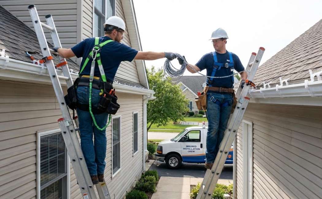 Installation crew using ladder safe techniques to hang lights