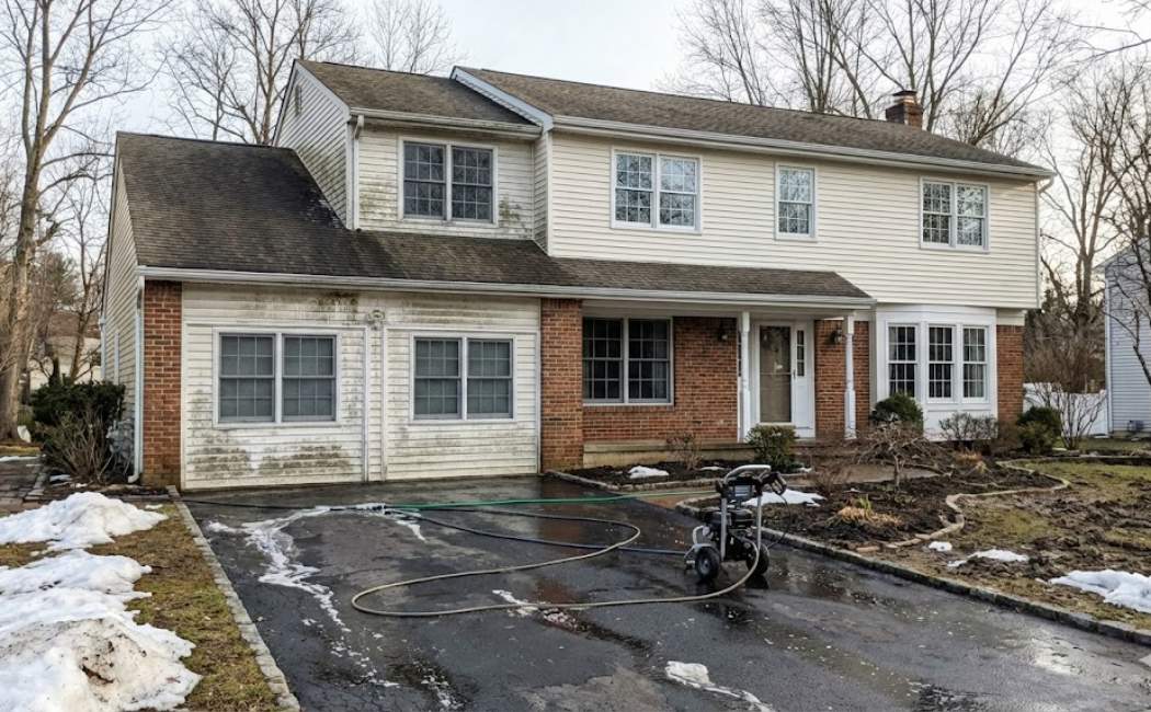 Salt stains and winter damage on a New Jersey driveway before pressure washing