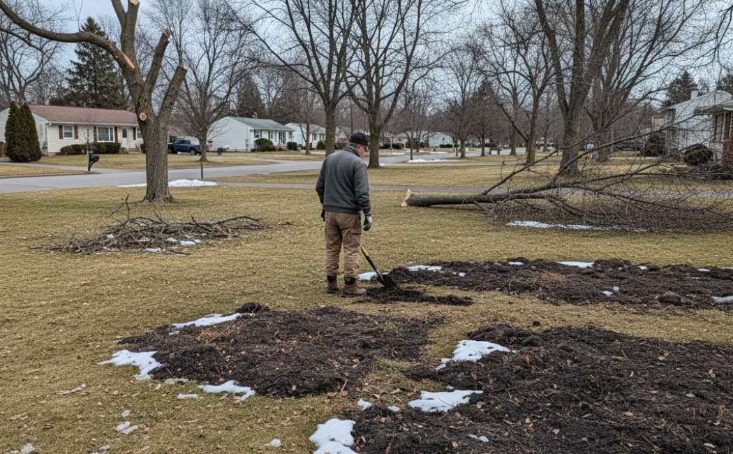 Inspecting landscape damage after winter in New Jersey yard