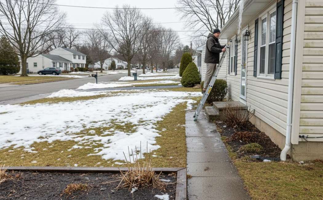 Winter landscaping damage in a New Jersey home before spring maintenance