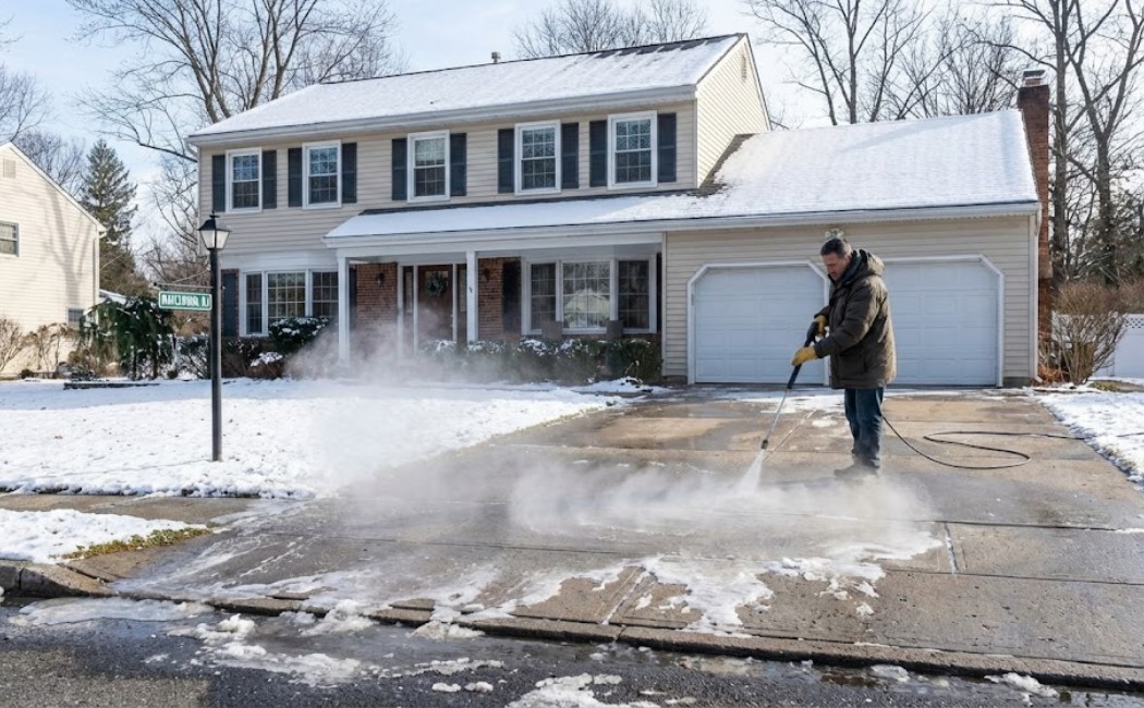 Homeowner pressure washing driveway in winter in New Jersey with light snow on ground