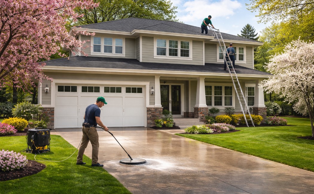 Exterior home improvement in April in New Jersey with pressure washing, gutter cleaning, and fresh spring painting