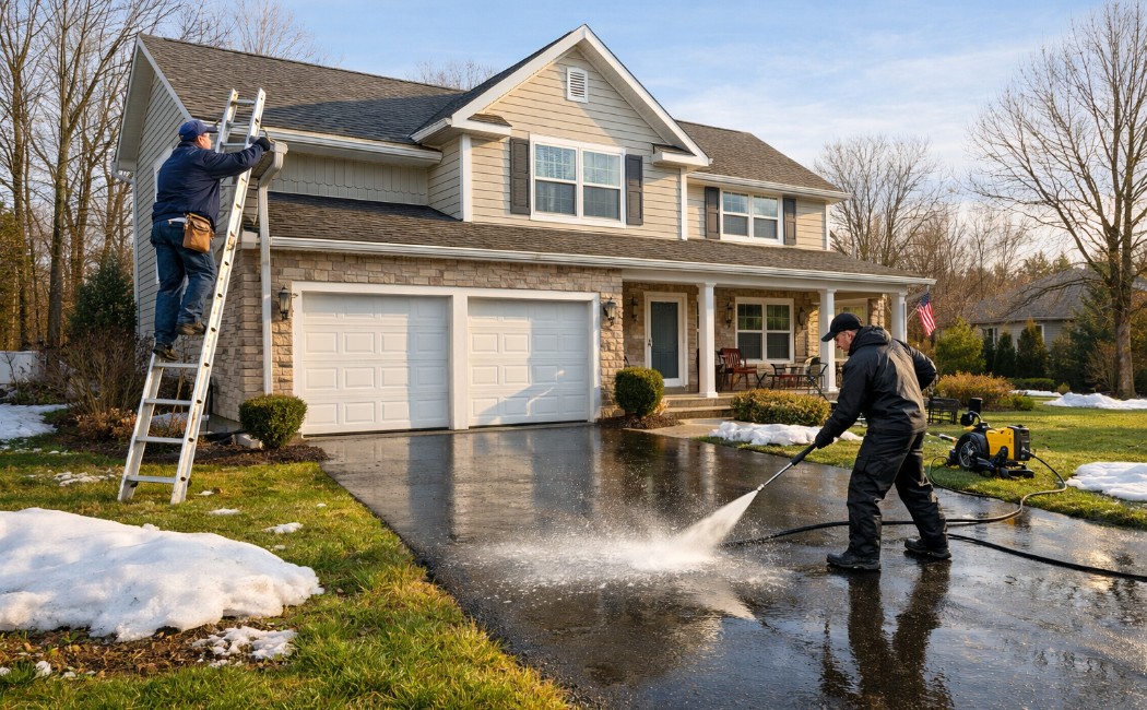 Spring home maintenance inspection after the New Jersey winter, showing roof and gutter cleaning