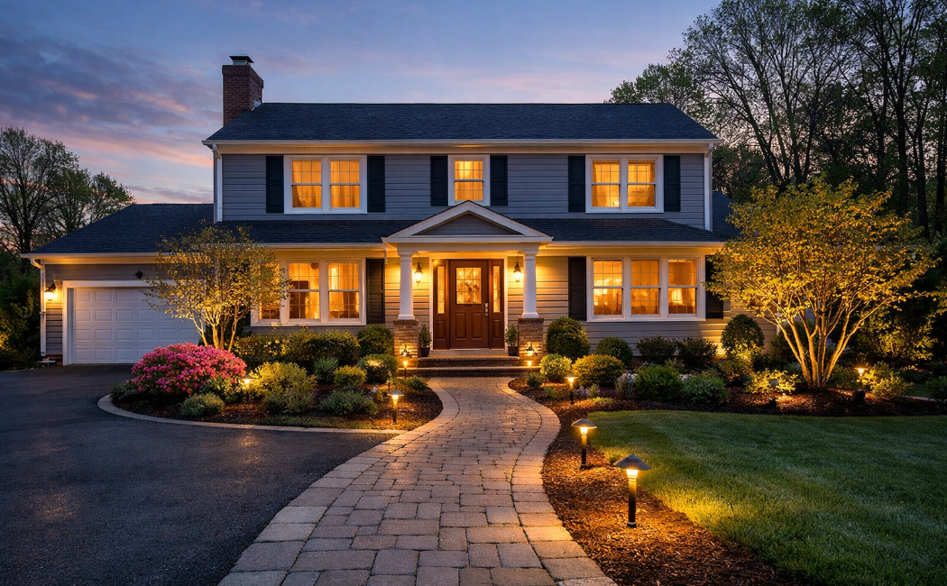 spring exterior lighting upgrade for new jersey home with pathway and porch lights